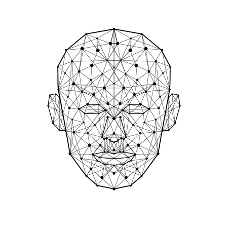 Human face low polygon. Wireframe mash head shape consisting of connected dots and lines isolated on white background. Abstract human vector illustrationのイラスト素材