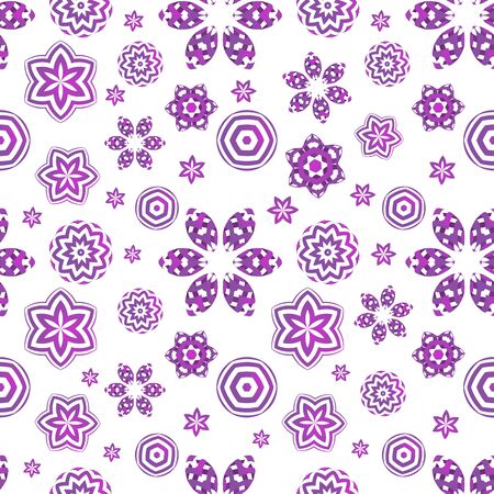 Seamless pattern with violet geometrical flowers on white background. Creative floral ornament.のイラスト素材