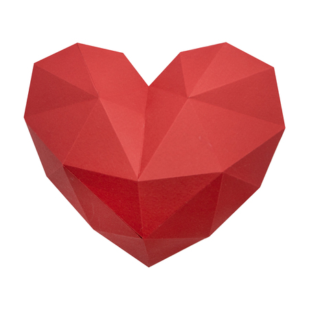 Red origami paper heart shape isolated on white background.の写真素材