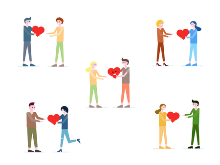 Vector set of cute illustration, people giving love, red heart to each otherのイラスト素材
