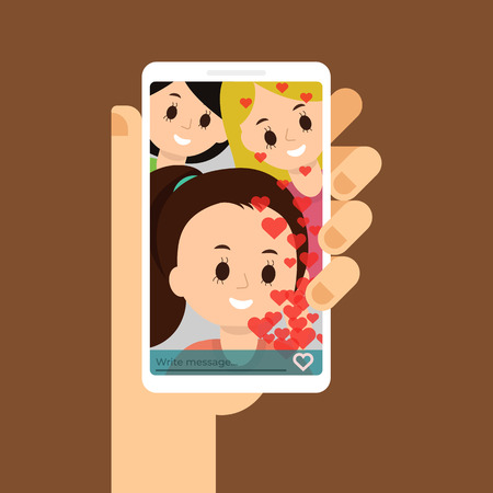 Flat illustration of video call with friends, family. Chatting with friends. Smartphone in the handのイラスト素材