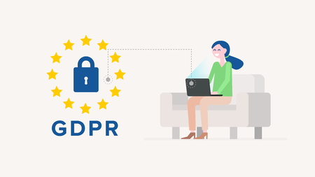 Smiling woman with laptop. GDPR concept illustrationのイラスト素材
