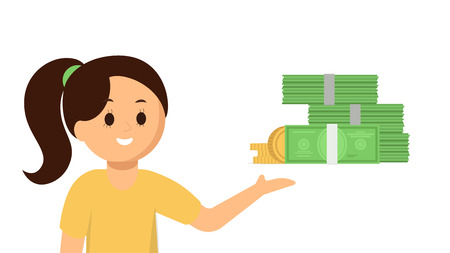 Happy girl pointing at money, vector flat illustrationのイラスト素材