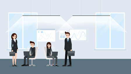 Cartoon people working at office together poster. Businesspeople co-workers in friendly and noisy environment vector illustration. Graphs on backgroundのイラスト素材
