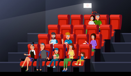 Happy family with children and couple watching 3d movie comfortably vector illustration. Moviegoers sitting chair rows with popcorn and enjoying film in picture palace. Theater interiorのイラスト素材