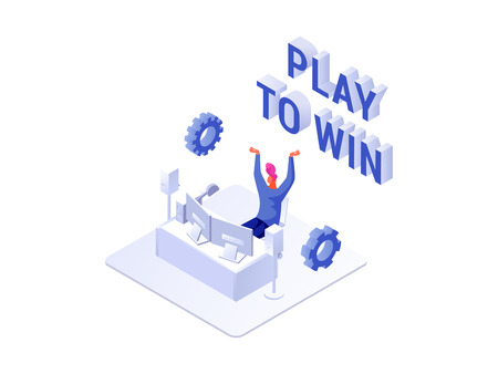 Man sitting near modern professional gaming personal computer working and making money via internet video games vector illustration. Isolated on whiteのイラスト素材