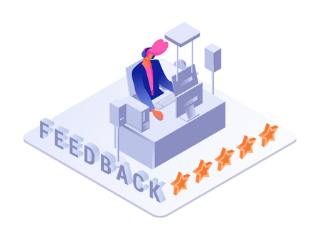 Man sitting near professional computer wearing headphones. Feedback or rating concept. Isolated on whiteのイラスト素材