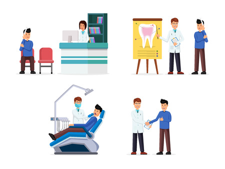 Set of reception desk with nurce and man, doctor consultating treatment patient and high quality reviews flat design vector illustration. Health care concept. Isolated on whiteのイラスト素材