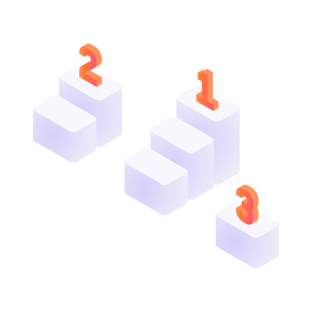 Three modern steps with letters isometric vector illustration. Each letter taking places. Isometric winning and success concept isolated on whiteのイラスト素材