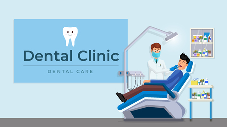 Patient with toothache in dentist chair vector illustration. Doctor examining man lying at dentistry office chair flat style design. Tooth ache checkup examination appointment. Dental care conceptのイラスト素材