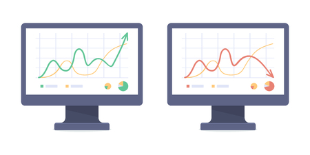 Monitors showing income and profit indicated with green arrow and material losses with red arrow vector illustration. Isolated on white backgroundのイラスト素材