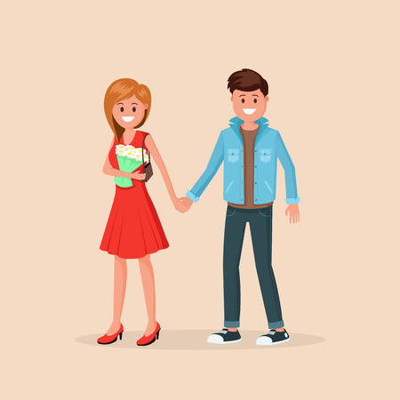 Two young people holding hands and walking flat style vector illustration isolated on light backgroundのイラスト素材