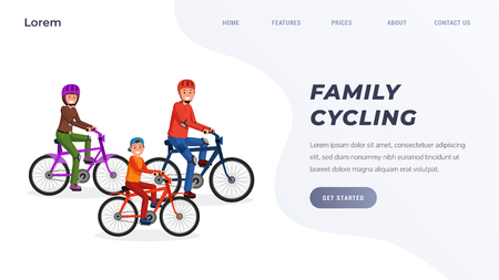 Family recreation and activities landing page concept. Family riding bikes. Active lifestyle flat style vector illustrationのイラスト素材