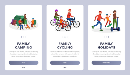 Set of family activities onboarding screens for mobila application or website flat style vector illustrationのイラスト素材