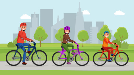 Lovely smiling active family riding on bicycles in the park. Active lifestyle concept. Urban landscapeのイラスト素材