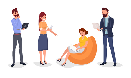 Break at work, business lounge zone illustration. Smiling colleagues in formal clothing cartoon characters. People working with portable devices, internet coworking, online communication flat designのイラスト素材