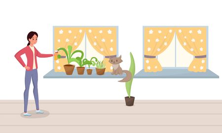 Woman spraying potted plants flat illustration. Young girl watering, sprinkling flowers, doing housework, cat sitting on window sill vector drawing. Houseplants nursery and careのイラスト素材