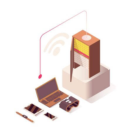 Wifi Internet vector isometric illustration. Online hosting, server, computer hardware equipment and IoT technologies. Wireless connection, networking, database storage isolated 3dのイラスト素材