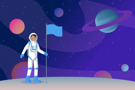 Cosmonaut setting flag flat vector illustration. Smiling astronauts in outer space, spaceman standing on alien planet surface cartoon character. Moon landing, interstellar travelingのイラスト素材