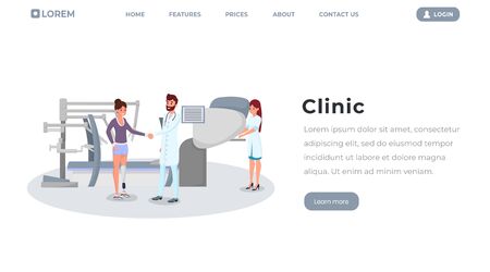 Prosthetics clinic flat homepage vector template. Doctor, surgeon and patient with artificial limb characters. Modern hospital landing page layout, medical innovations website interface designのイラスト素材