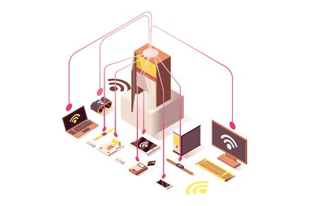 Internet server vector isometric illustration. Computer hardware equipment, Internet of things, cloud system, portable devices. Wifi wireless technology, database storage isolated 3dのイラスト素材