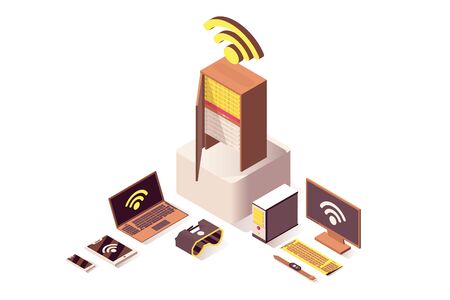 Cloud computing vector isometric illustration. Internet server, online hosting, computer hardware equipment and IoT technology. Wifi wireless network, database storage isolated 3dのイラスト素材