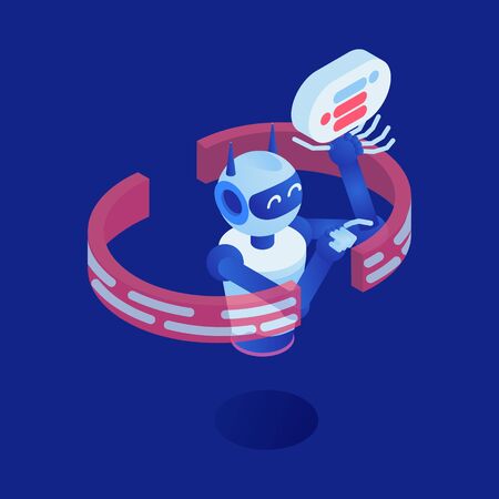 Internet robot vector isometric illustration. Futuristic bot, virtual assistant, chatbot 3d cartoon character. Artificial intelligence, machine learning industry, nanotechnology, smart technologyのイラスト素材