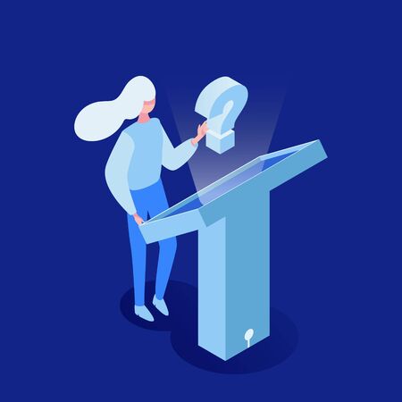 Woman searching information vector isometric illustration. Futuristic technology, interactive monitor, customer support. Young girl standing in front of touch screen display 3d cartoon characterのイラスト素材