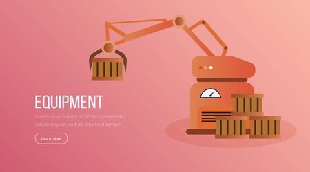 Automated factory equipment vector landing page. Robot hand holding box, robotized instrument moving wooden containers illustration. Automotive manufacturing process color website homepage layoutのイラスト素材