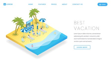 Tourism industry landing page vector template. Travel bureau service website homepage interface idea with isometric illustrations. Tropical beach recreation web banner, webpage cartoon conceptのイラスト素材