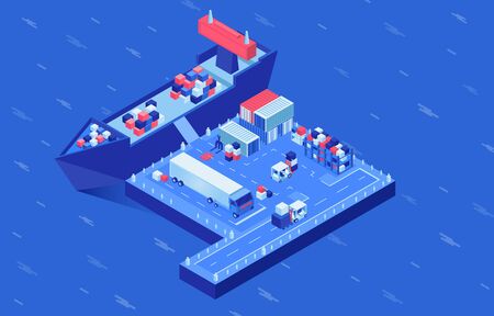 Shipment transportation isometric vector illustration. Industrial vessel loading in seaport, freight ships logistics hub. Cargo shipping service, import and export business, maritime conveyanceのイラスト素材