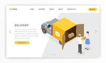 Delivery, postal services landing template. Courier delivering parcels, boxes to customers by truck vector illustration. Mailing, transportation, merchandise distribution company, online webpageのイラスト素材