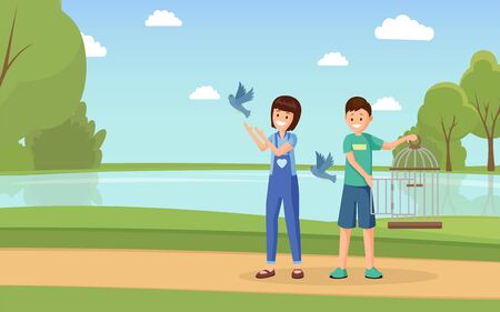 Animal rights activists flat vector illustration. Cartoon volunteers with open birdcage liberating doves flat characters. Children, teenagers playing with domesticated pigeons outdoorsのイラスト素材