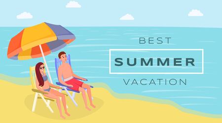 Best summer resort flat vector banner. Spouses sitting on ocean, seashore under beach umbrella cartoon characters. Relaxing, sunbathing together on tropical island on vacation, weekendのイラスト素材