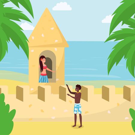 Boyfriend saving girlfriend from sand castle. Huge sand sculpture, castle on ocean, sea shore of tropical resort cartoon vector illustration. Having fun, spending time with friends on vacationのイラスト素材