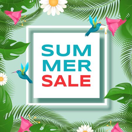 Summer discounts flat vector banner template. Exotic palm, monstera foliage with tropical birds botanical frame. Summertime sale, special price offer with trendy inscription, poster design layoutのイラスト素材