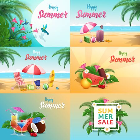 Summer relax vector banners set. Seaside resort, summertime vacation typography with sandy beach, exotic fruit and cocktails decor. Summertime sale, special offer promotional poster design layoutのイラスト素材