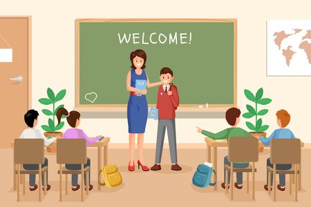 Welcoming new schoolboy vector illustration. Female teacher presents newbie to groupmates cartoon characters. Schoolmates sitting at desks, listening to teacher and pupil, studentのイラスト素材