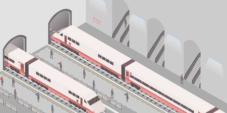 Metro station isometric vector illustration. Underground railroad, express city travel service, passenger conveyance business, public transport. People on platforms, arriving and departing trainsのイラスト素材