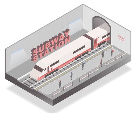 Subway station isometric banner vector template. Passengers waiting on platform, arriving train 3D illustration with lettering. Underground public transport, rail vehicle, urban travel conceptのイラスト素材
