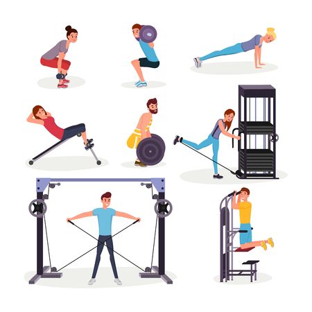 Sport exercises flat vector illustrations set. Cheerful young sportsmen and sportswomen working out cartoon characters. Fitness center, gym workout, arms, legs and back muscles physical trainingのイラスト素材