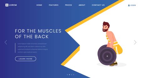 Back muscles exercises landing page template. Sport center, bodybuilding website homepage interface idea with flat vector illustrations. Powerlifting contest web banner, webpage cartoon conceptのイラスト素材