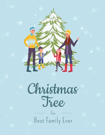 Christmas tree flat banner vector template. Smiling parents and kids, family in warm clothes cartoon characters. Traditional winter holiday, happy new year festive postcard layout with calligraphyのイラスト素材