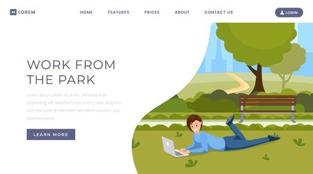 Work from park landing page template. Online communication, distance job, remote work website homepage design layout. Female freelancer, designer with laptop on grass in park color cartoon characterのイラスト素材