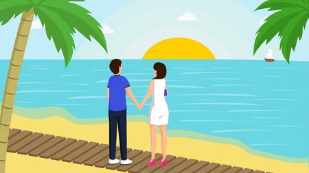 Couple and sunset vector illustration. Young boy and girl enjoy romantic evening date at sandy beach with palm trees cartoon characters. Seaside resort visitors looking at blue sea, sailing shipのイラスト素材