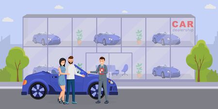 New automobile purchase flat vector illustration. Car showroom salesman and satisfied customers cartoon characters. Transport rental, leasing service, keys handover, vehicle retail businessのイラスト素材
