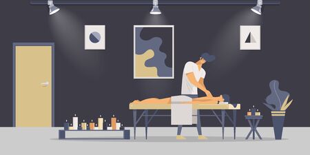 Relaxing massage therapy flat vector illustrations. Young professional masseur and customer in room with candles cartoon characters. Therapeutic body care procedure, aromatherapy, spa center serviceのイラスト素材