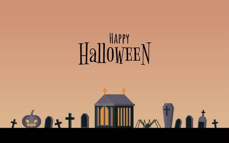 Happy holiday flat banner vector template. Traditional postcard, greeting card idea with halloween congratulations. Spooky graveyard with jack lantern, spiders and crypt illustration with typographyのイラスト素材
