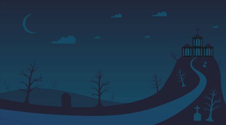 Haunted old mansion flat vector illustration. Scary ancient hill house, dark halloween night, empty road to creepy gothic building. Spooky movie, thriller scene, horror themed backgroundのイラスト素材