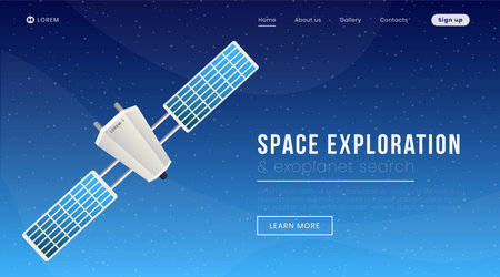 Space exploration landing page vector template. Modern science, cosmology website homepage interface...